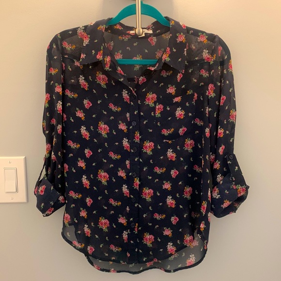Papaya Navy Button down Blouse with pink flowers Size M - Picture 2 of 8